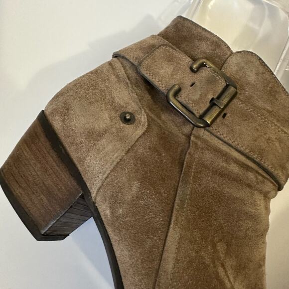 PAUL GREEN Booties Tan Suede Heeled Ankle Buckle Strap Moto - Picture 3 of 14